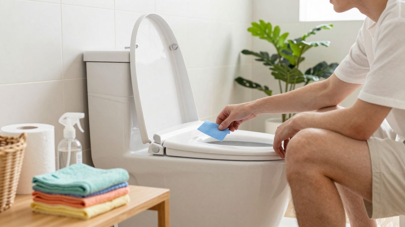 Pessoa a limpar a sanita branca com uma toalhita azul num WC bem iluminado e organizado.