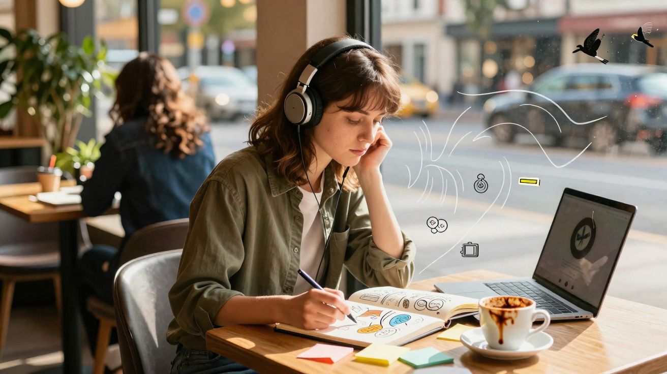 Jovem com auscultadores a desenhar e a estudar num café com portátil e chá na mesa, ao lado de uma janela.