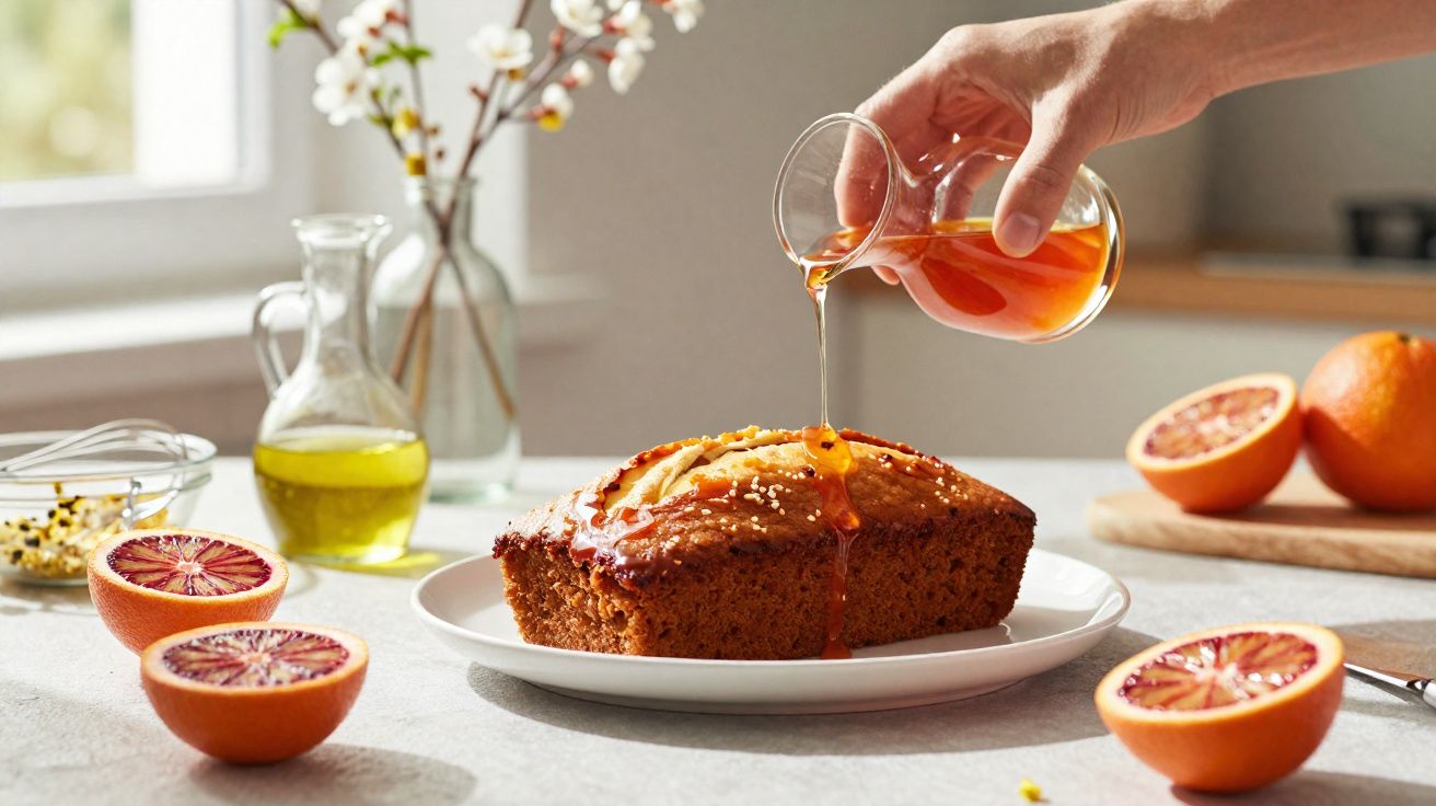 Mão a deitar mel sobre bolo caseiro servido num prato branco, rodeado por laranjas cortadas ao meio.