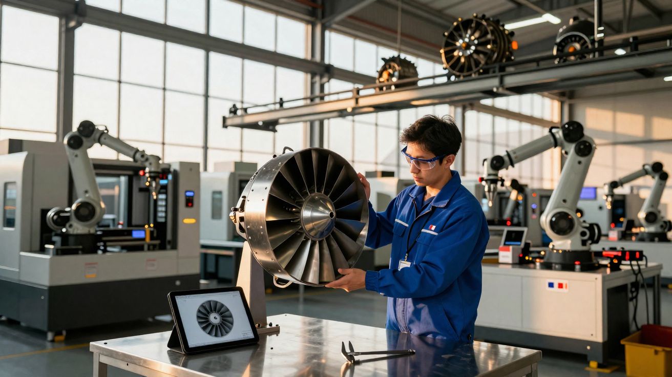 Engenheiro inspeciona uma turbina de motor numa fábrica com máquinas automatizadas ao fundo.