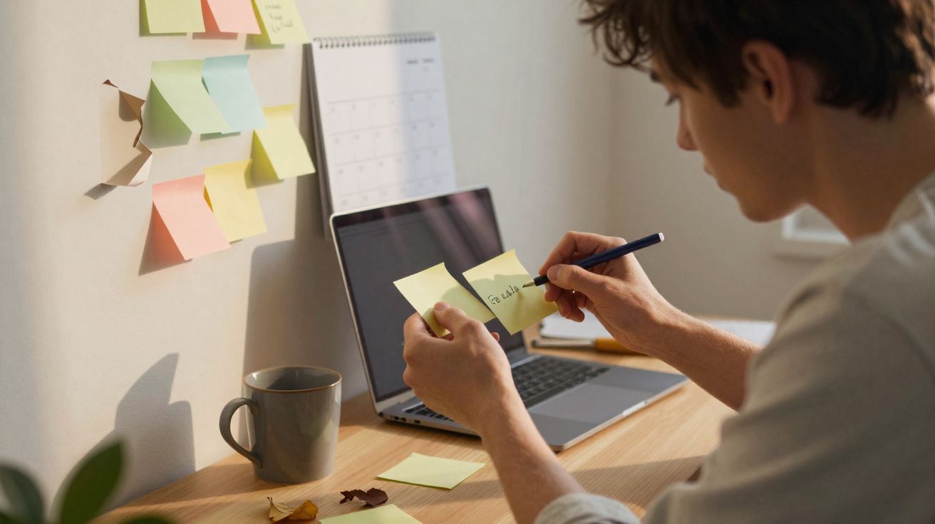 Pessoa a escrever notas adesivas numa mesa com computador portátil e calendário em fundo.