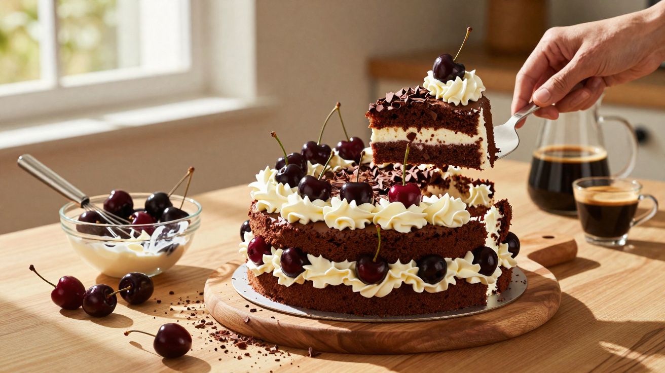 Bolo de chocolate com creme e cerejas sendo servido numa mesa de madeira iluminada pela luz natural.