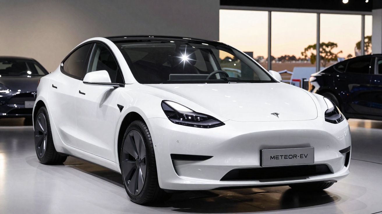 Carro elétrico branco Tesla Meteor-EV estacionado em showroom moderno com janelas grandes ao fundo.
