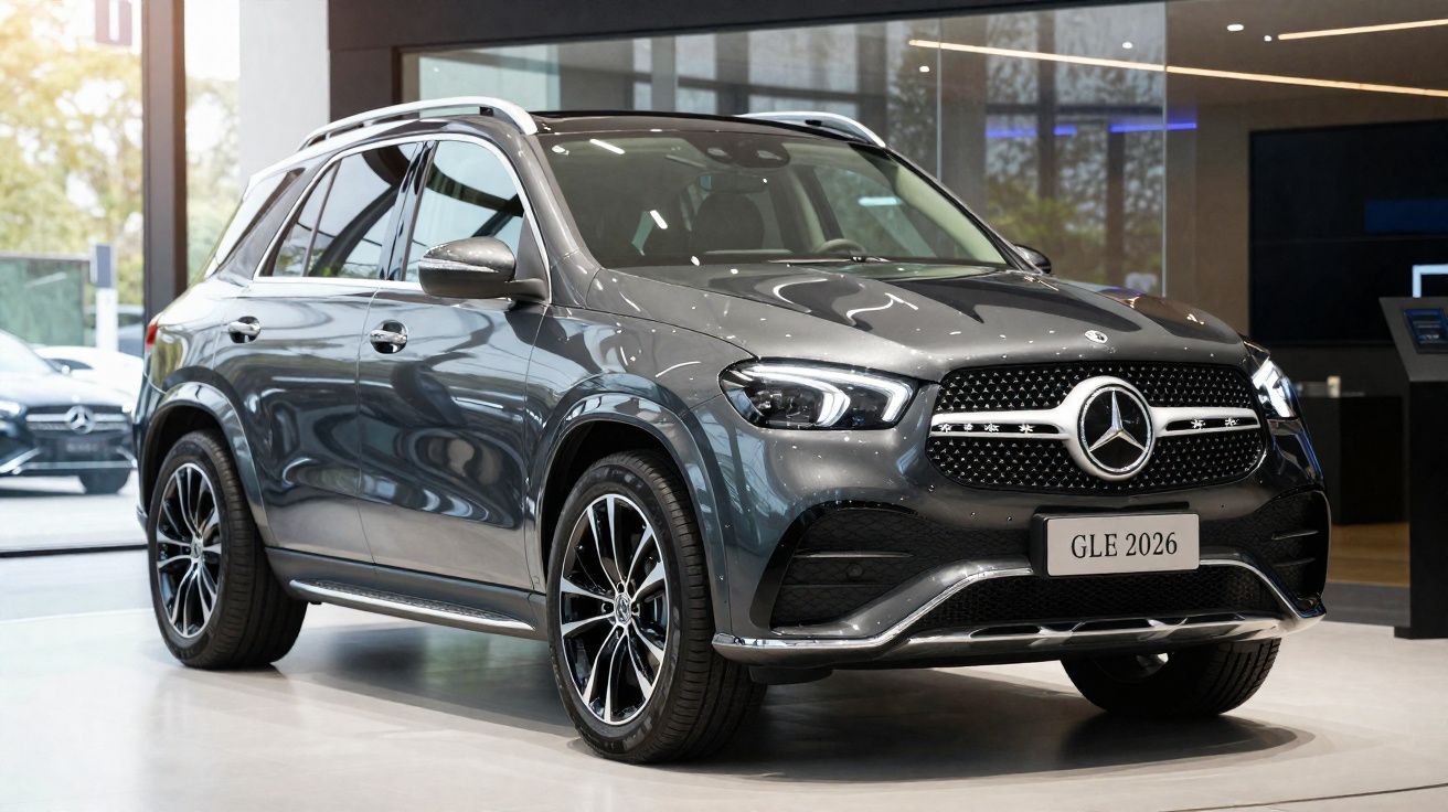 Mercedes-Benz GLE 2026 cinzento brilhante exposto em showroom moderno com jantes desportivas.