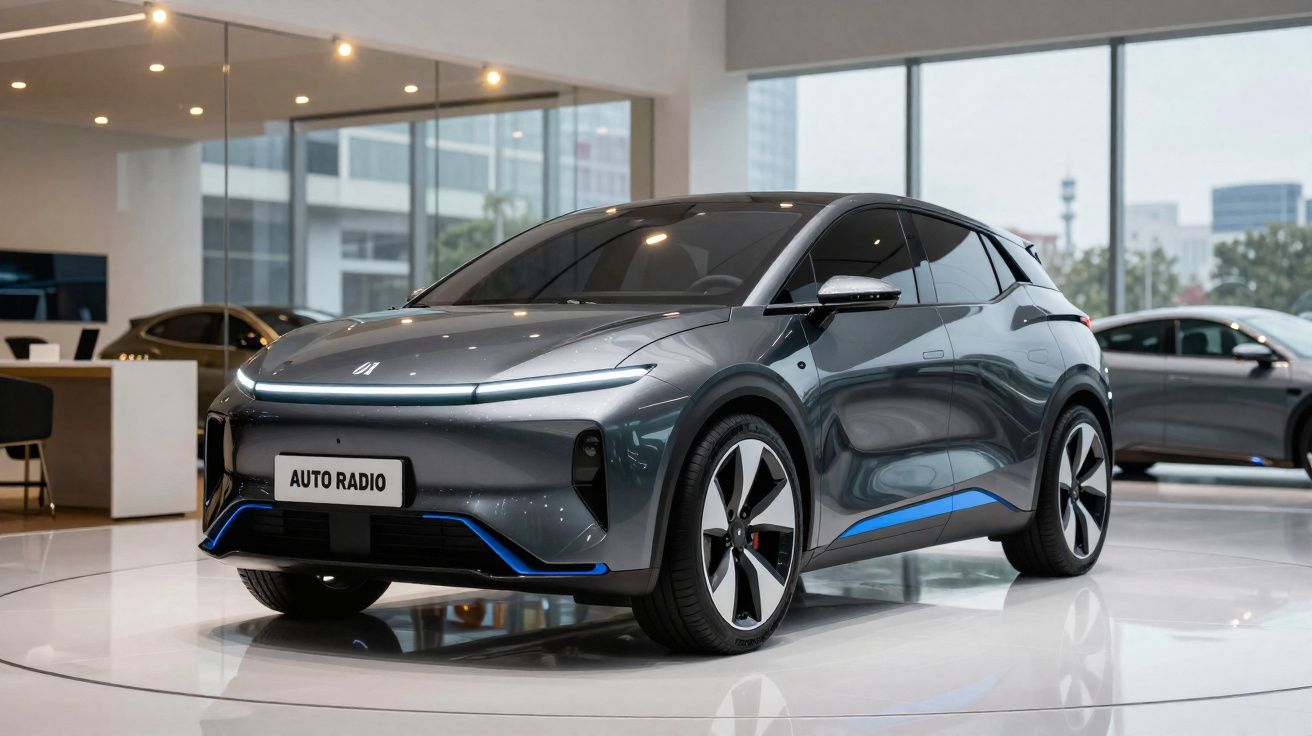 Carro elétrico cinzento com detalhes azuis exposto em salão moderno com piso branco brilhante.