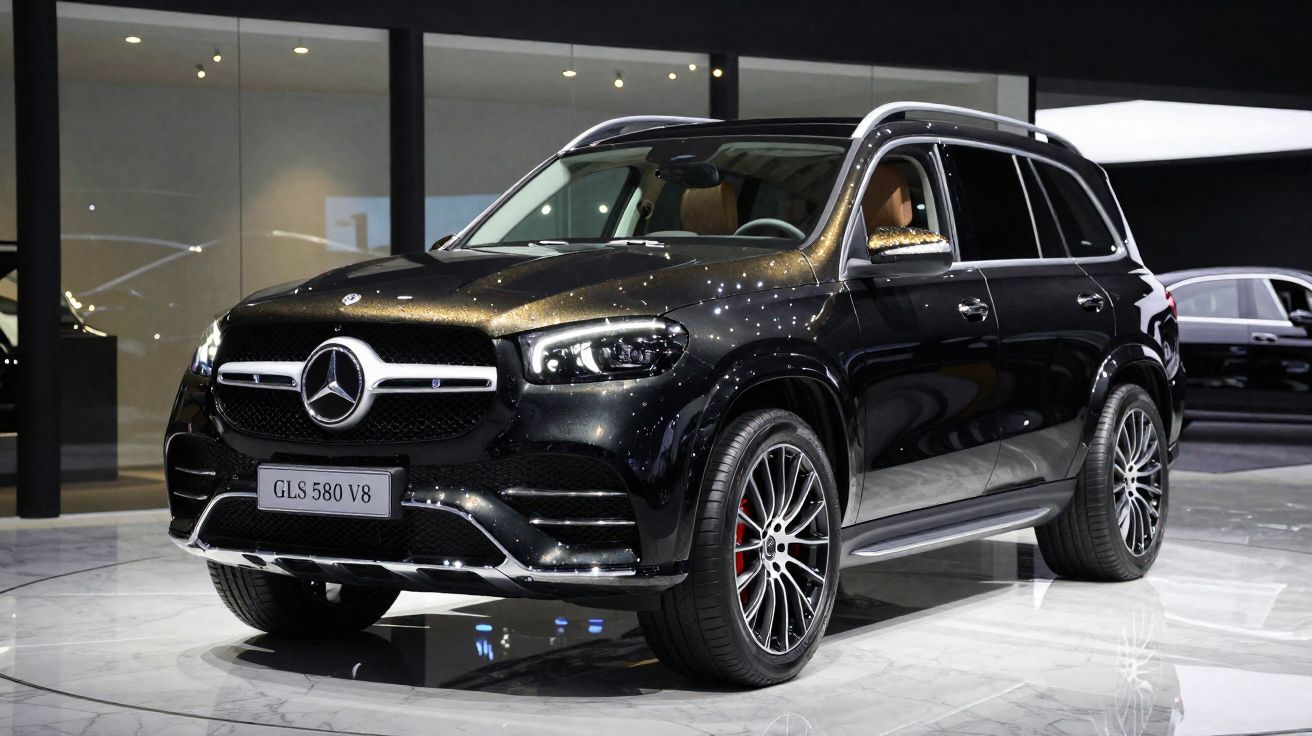 SUV Mercedes-Benz GLS 580 V8 preto com interior castanho, em exposição num espaço moderno.