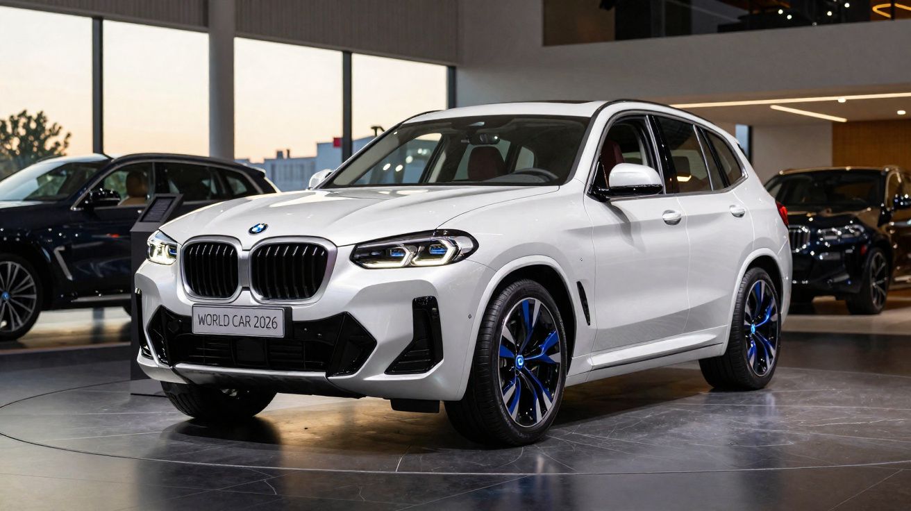 BMW SUV branco expositor em salão automóvel moderno com jantes com detalhes azuis.