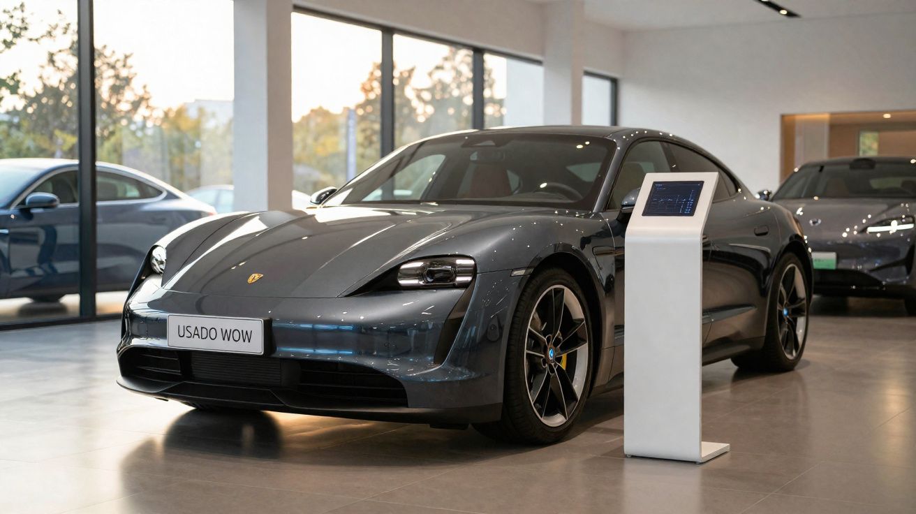 Carro elétrico Porsche Taycan cinza exposto numa concessionária moderna, placa "Usado Wow".