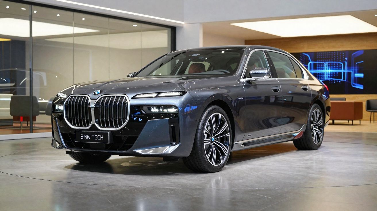 Carro BMW cinzento escuro com design moderno e grade frontal grande em ambiente interno iluminado.