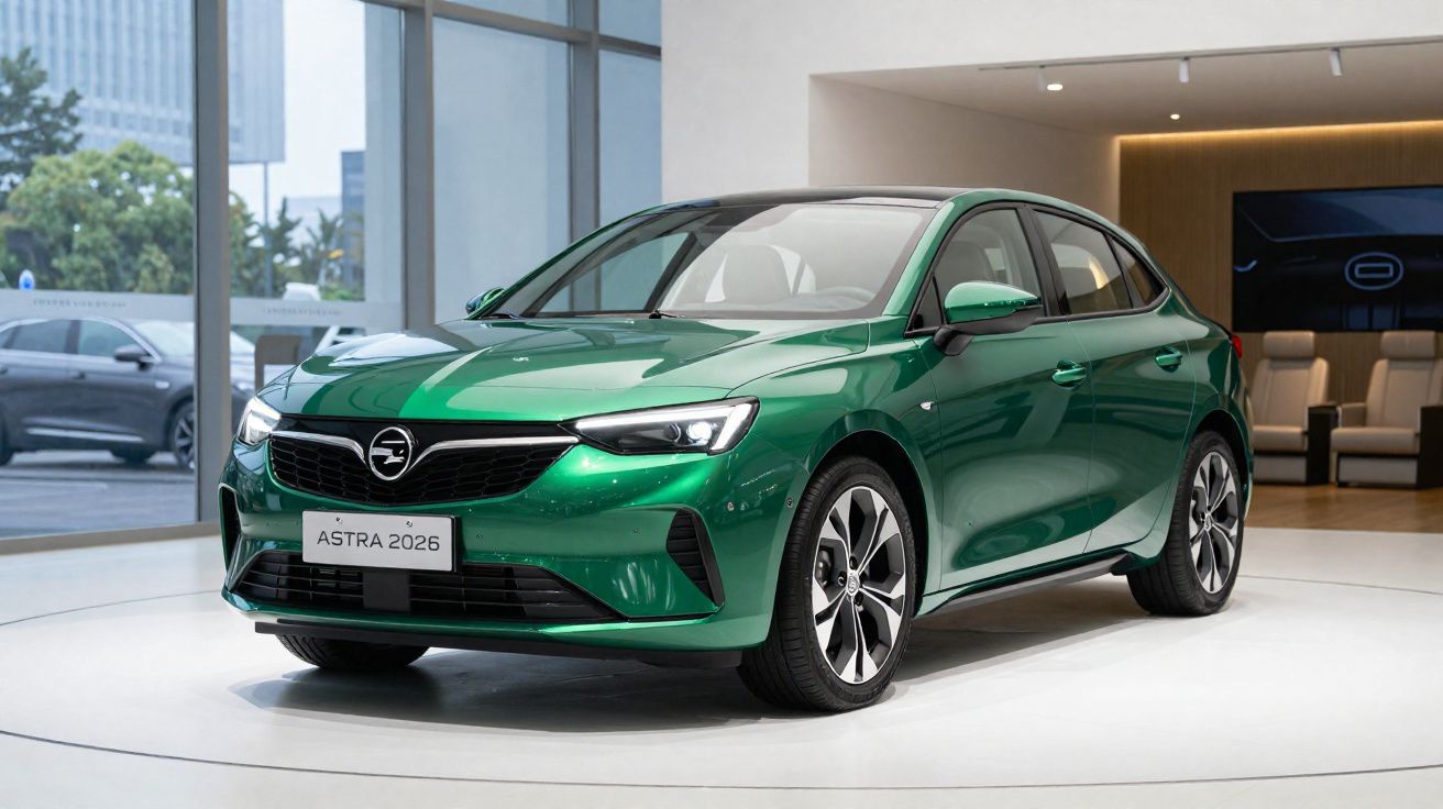 Carro Opel Astra 2026 verde exibido numa área moderna de exposição interior.