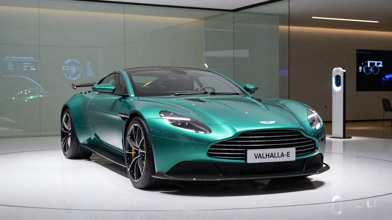 Carro desportivo elétrico Aston Martin Valhalla-E verde em exposição num salão moderno e minimalista.