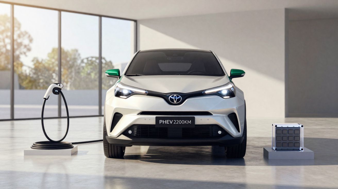 Carro elétrico branco Toyota PHEV 2200KM a carregar numa estação de carregamento em espaço moderno.