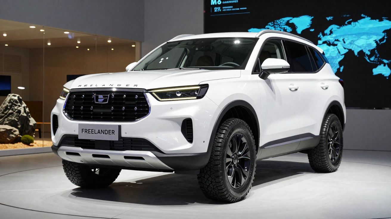 SUV branco Freelander em exposição num salão automóvel, visto de frente e ligeiramente de lado direito.