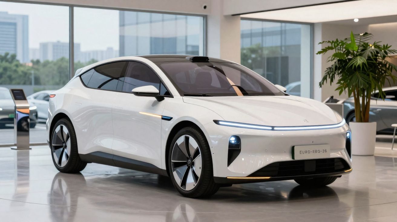 Carro elétrico branco com design moderno exposto em showroom com janelas amplas e planta decorativa.