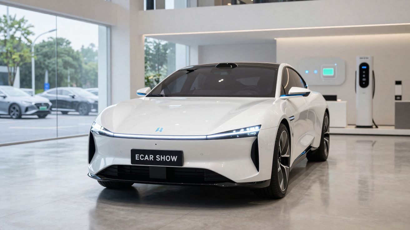 Carro elétrico branco moderno e futurista exposto numa sala ampla e luminosa com grandes janelas.