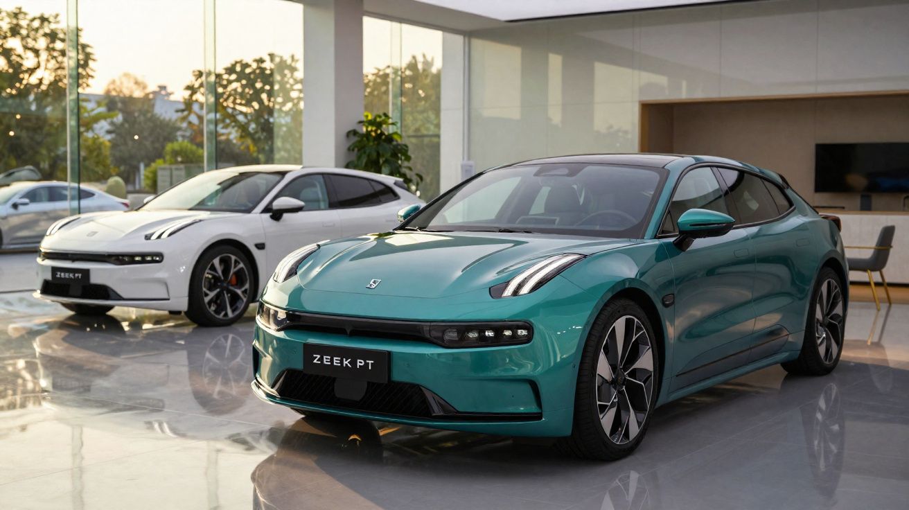 Dois carros elétricos modernos, um verde e outro branco, exibidos numa sala de exposição com vidros amplos.