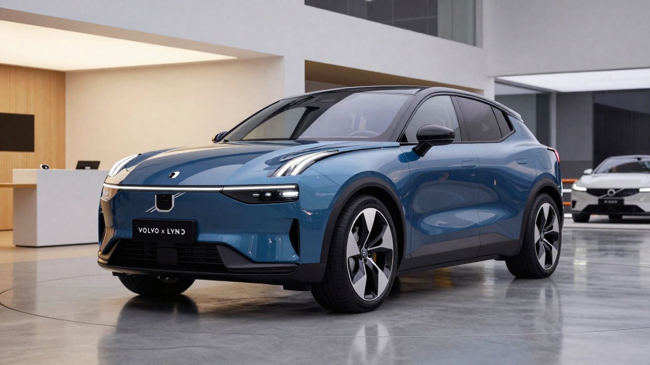 Carro elétrico azul Volvo x Lynk SUV apresentado num espaço interior moderno e minimalista.