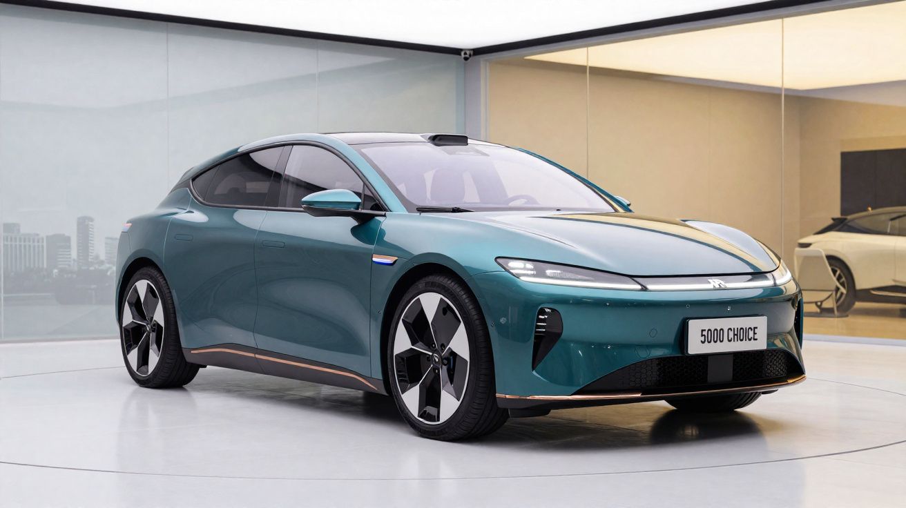 Carro elétrico desportivo azul com design moderno em exibição numa sala luminosa.