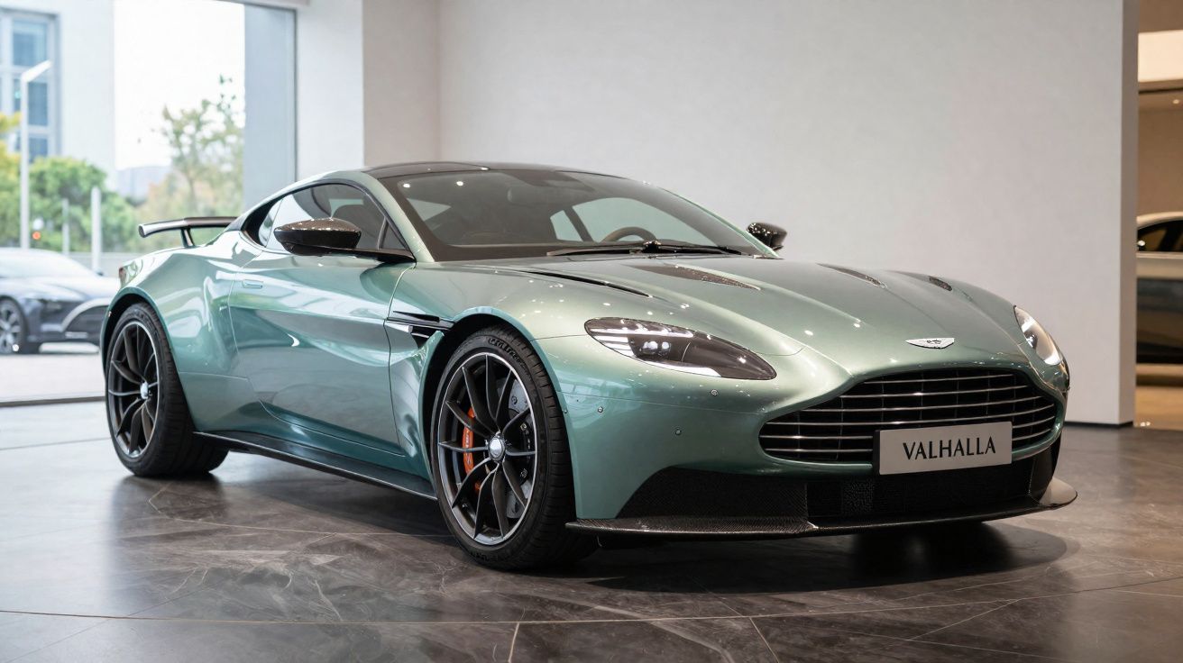 Automóvel desportivo Aston Martin Valhalla verde metálico exposto em salão com chão fosco escuro.