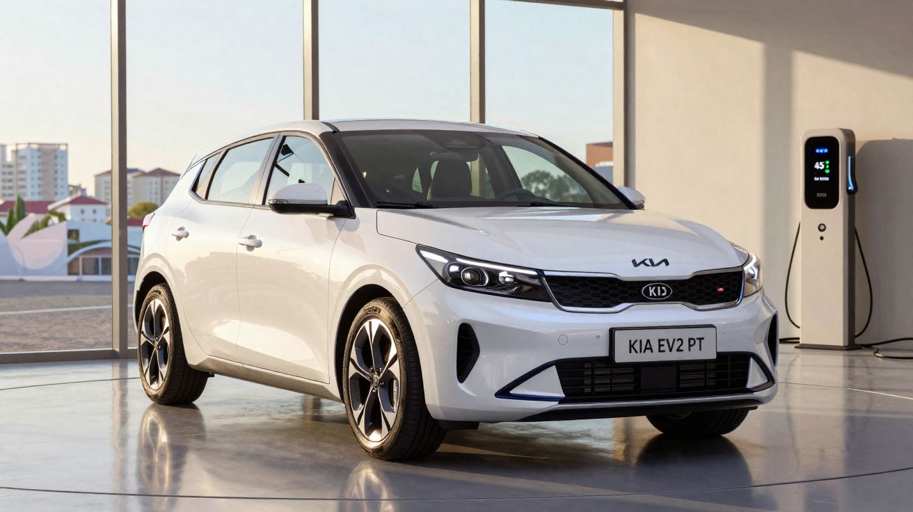 Carro elétrico branco Kia EV2 PT estacionado em área interior com estação de carregamento elétrica.