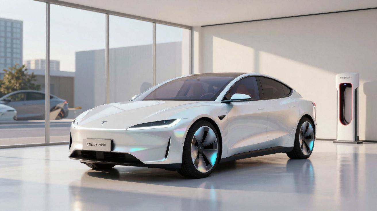 Carro elétrico Tesla branco futurista estacionado em espaço interior com carregador ao fundo.