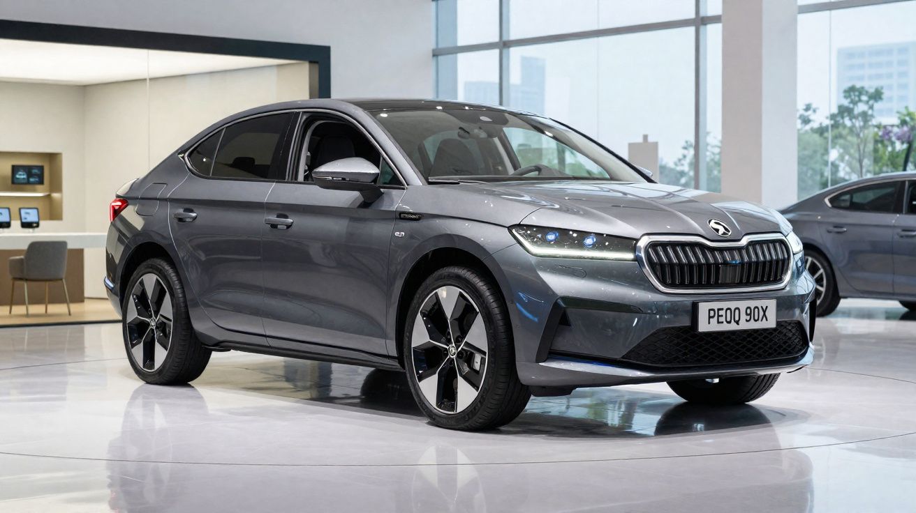 Automóvel elétrico cinzento Škoda Enyaq Coupé iV em exposição numa sala moderna com grandes janelas.