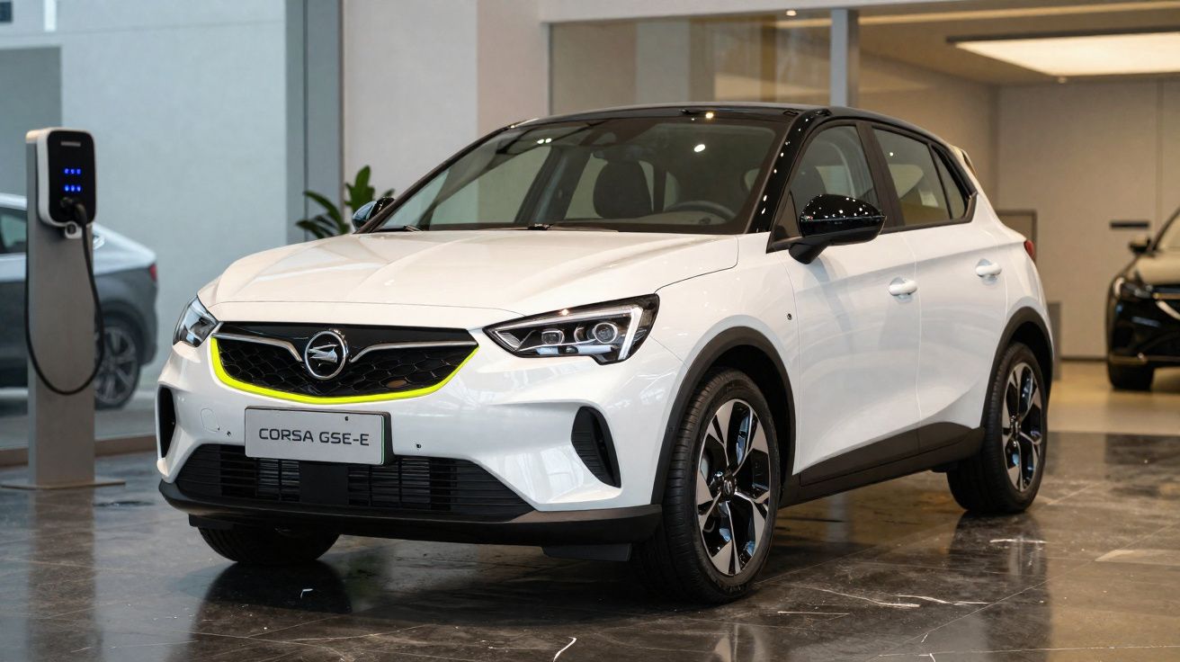 Carro elétrico branco Opel Corsa GSE-E estacionado num showroom ao lado de uma estação de carregamento.