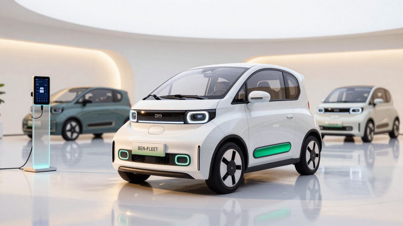 Carro elétrico compacto branco num espaço moderno, com estação de carregamento e dois carros ao fundo.