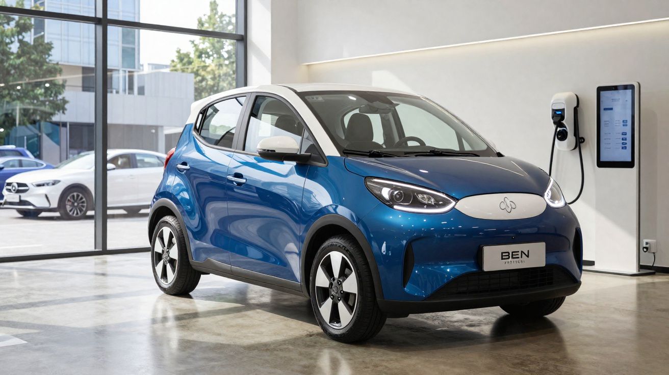 Carro elétrico compacto azul estacionado em showroom com posto de carregamento.