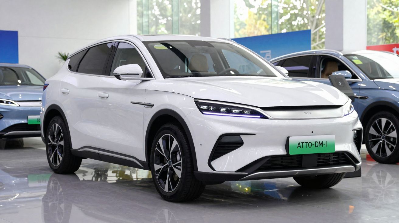 SUV elétrico branco Atto-DM-i exposto em salão automóvel, com janelas largas e design moderno.