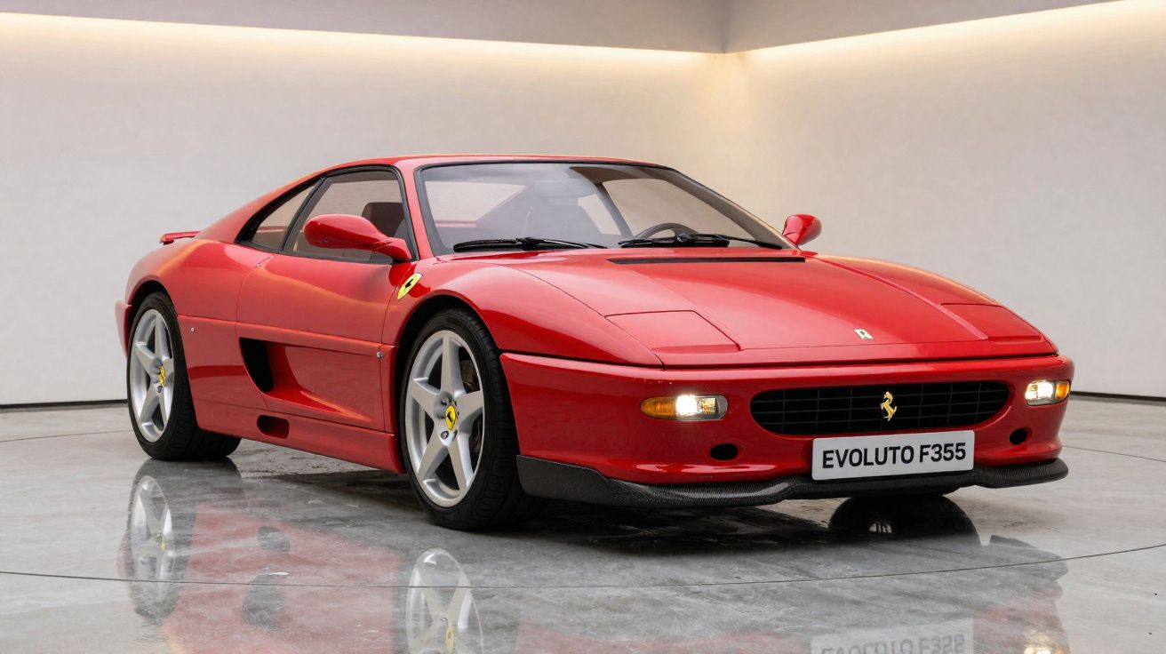 Ferrari vermelha desportiva Evoluto F355 estacionada em piso brilhante, vista frontal ligeiramente lateral.