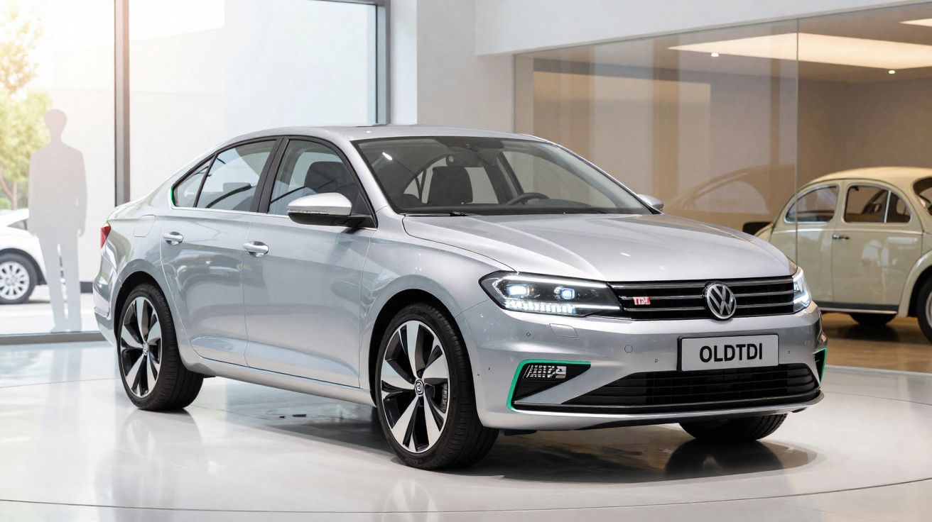 Carro Volkswagen cinzento brilhante exposto em showroom moderno com outro veículo ao fundo.