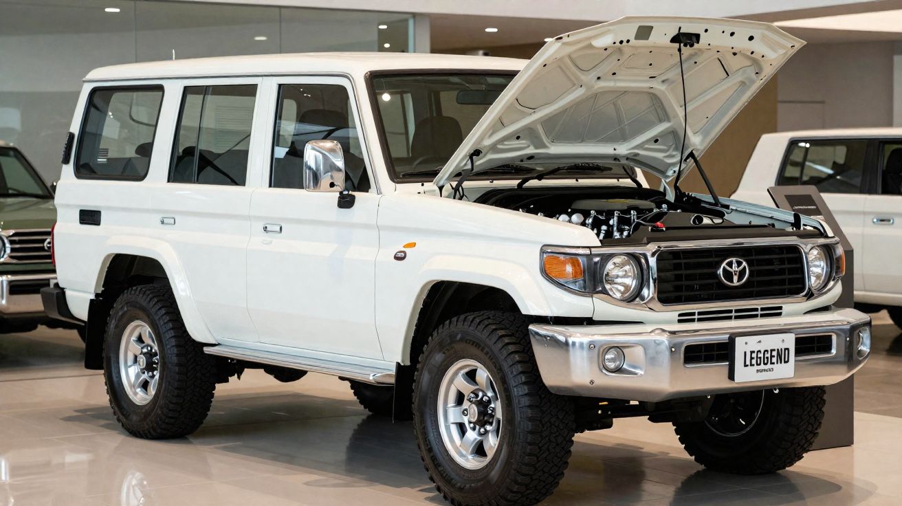 SUV branco Toyota Land Cruiser clássico com capô aberto em exposição numa sala iluminada.