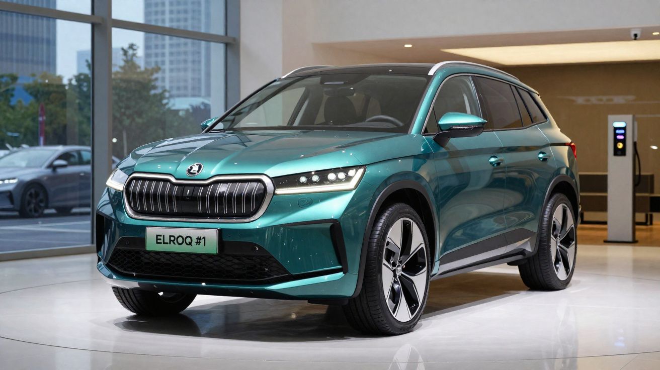 Carro elétrico SUV Skoda Elroq verde, em destaque numa exposição interior moderna.
