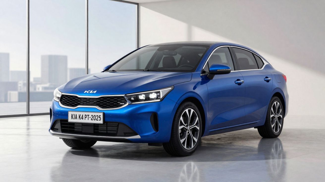 Carro sedan azul Kia K4 PT-2025 estacionado em interior com janelas grandes e luz natural.