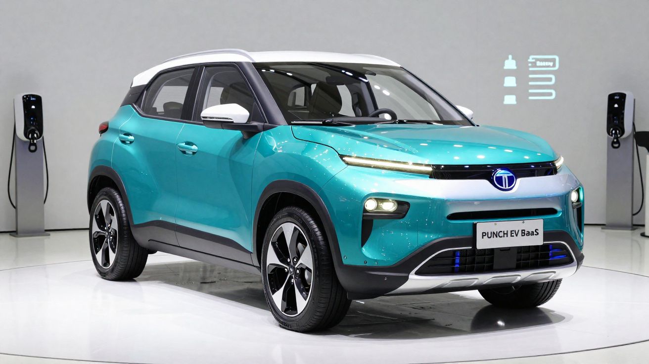 Carro elétrico azul e branco estacionado numa sala com carregadores elétricos nas laterais.