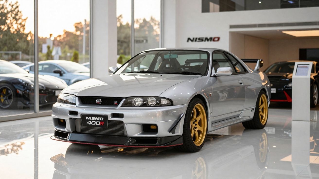 Nissan Skyline GT-R R33 prateado com jantes douradas numa garagem moderna iluminada.