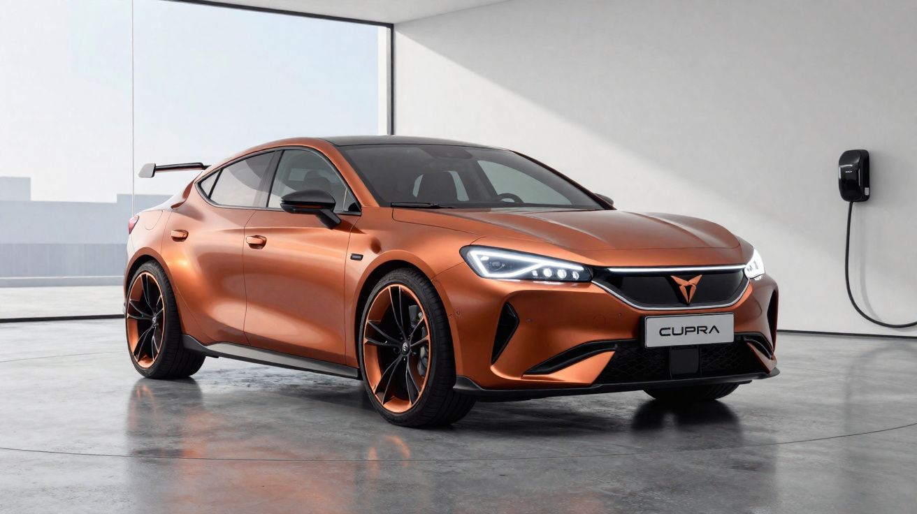 Carro desportivo elétrico CUPRA de cor bronze estacionado em garagem minimalista com carregador na parede.
