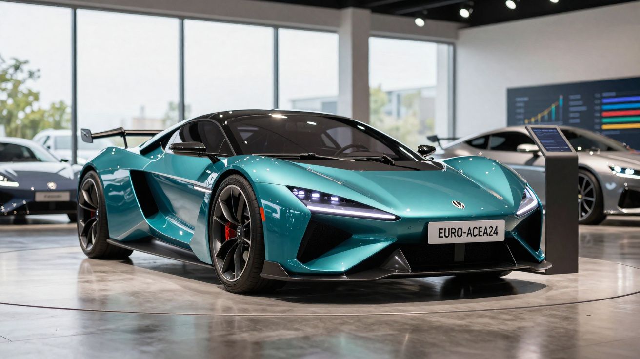 Carro desportivo elétrico azul expositor em salão moderno com janelas amplas e outros veículos ao fundo.