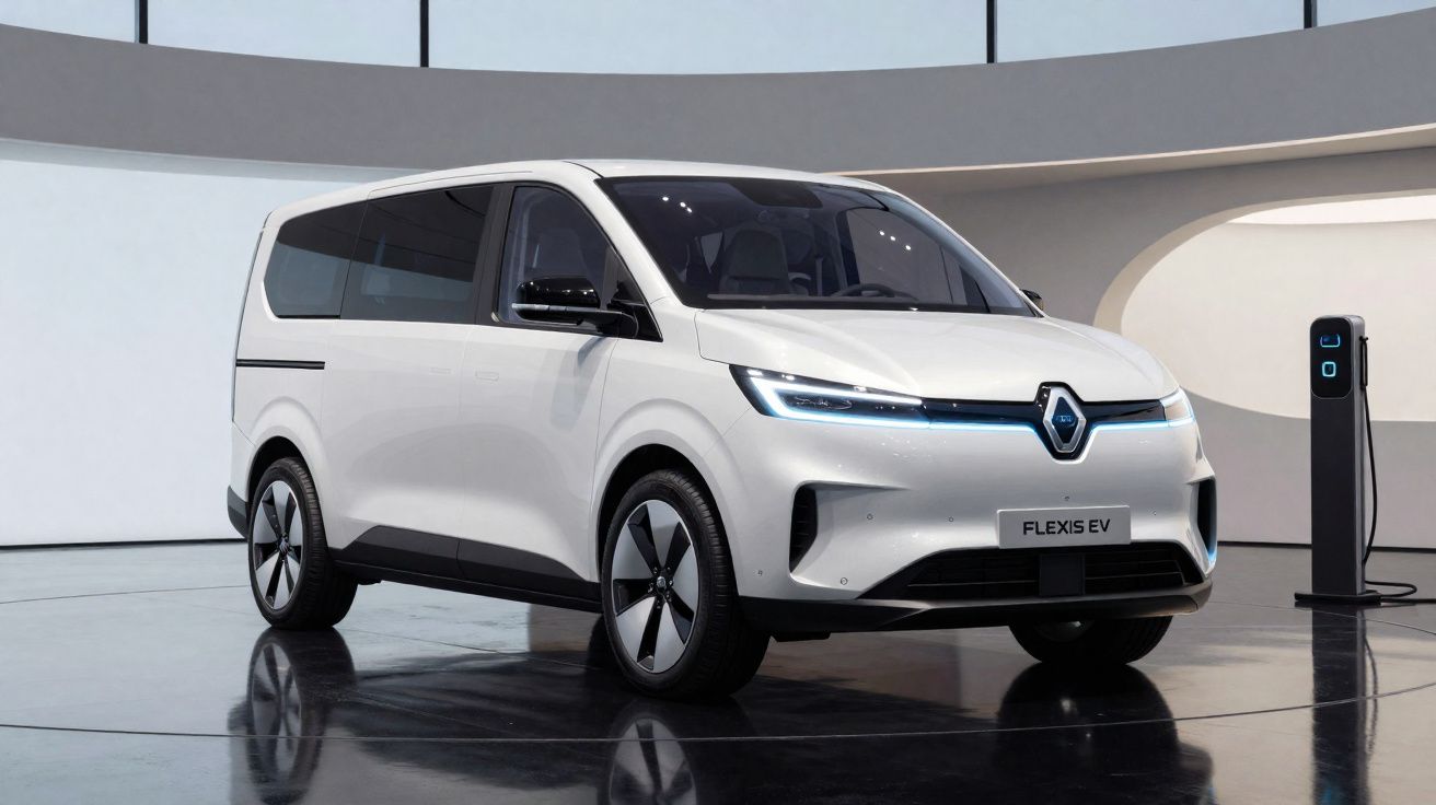 Veículo elétrico Renault Flexis EV branco estacionado em espaço moderno com estação de carregamento.