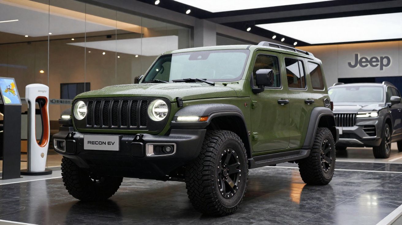 SUV verde Jeep Recon EV exposto em salão, com carregador elétrico ao lado e outro veículo ao fundo.