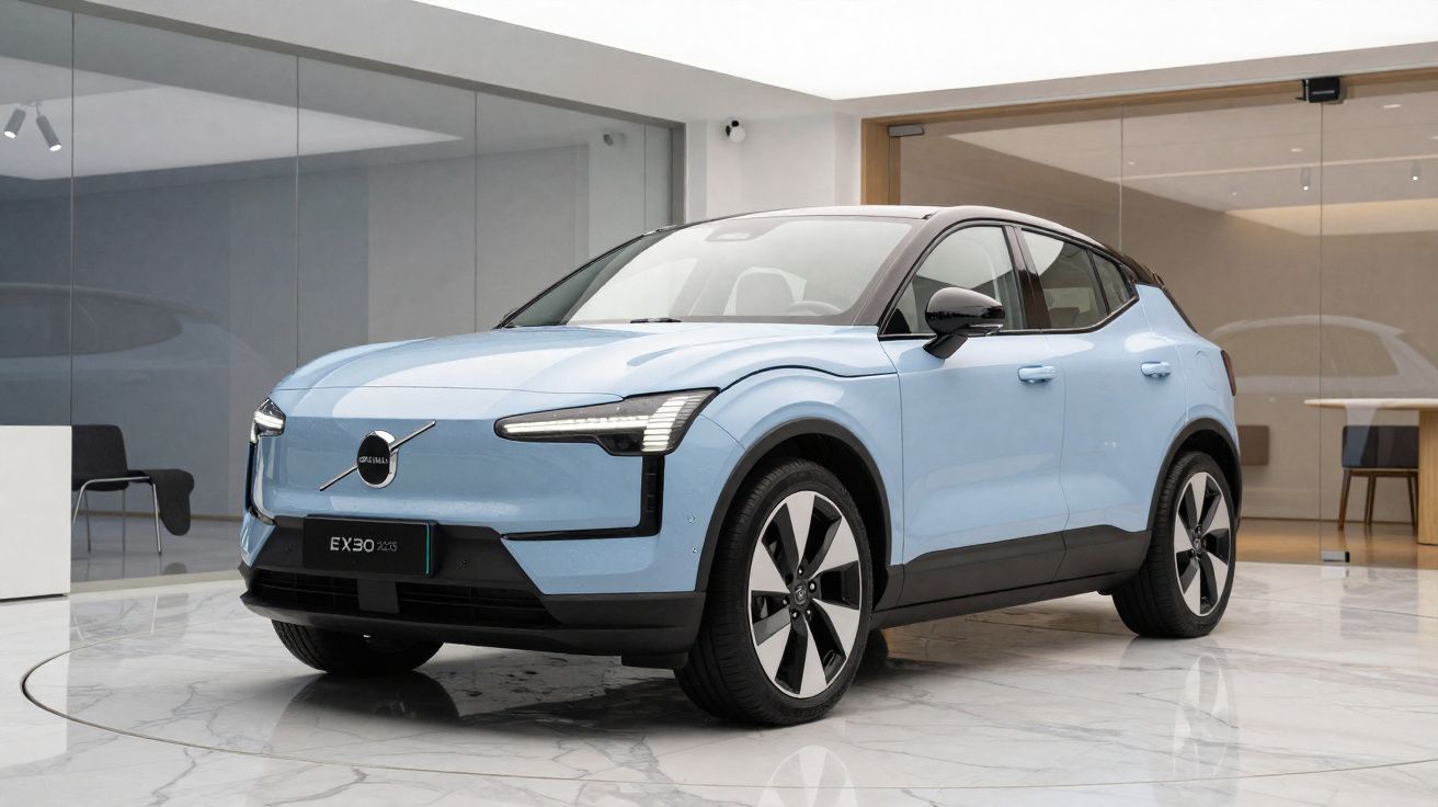 Carro elétrico Volvo EX30 azul claro estacionado em espaço interior moderno com chão em mármore.