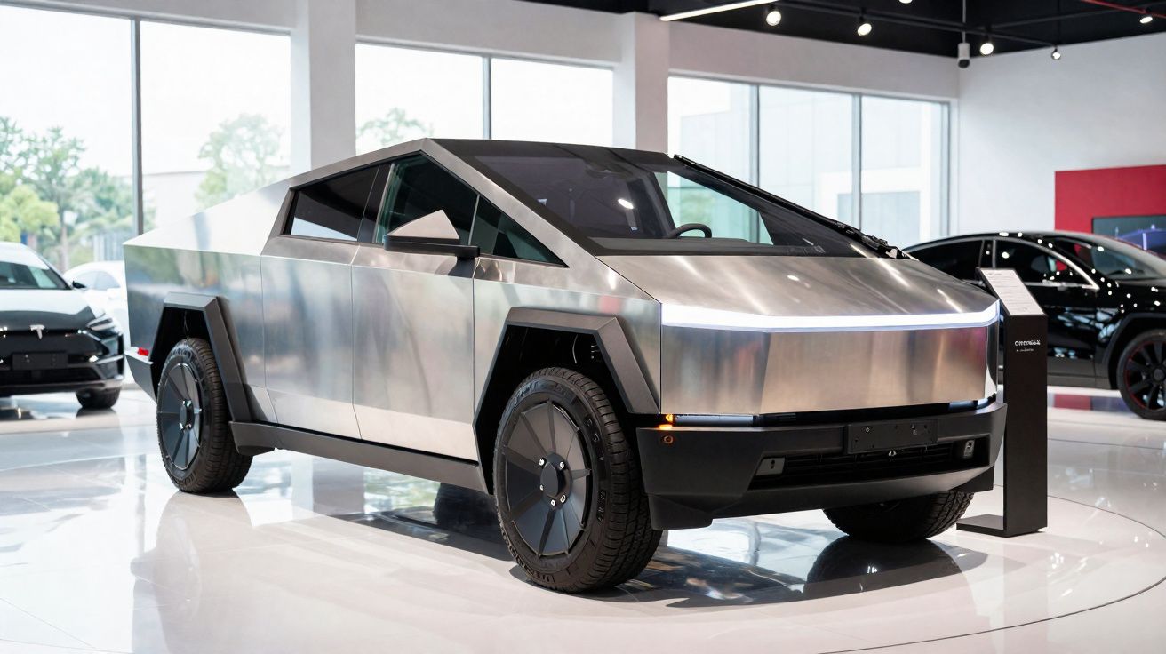 Veículo elétrico Tesla Cybertruck de chapa metalizada exposto em showroom moderno com luz natural.
