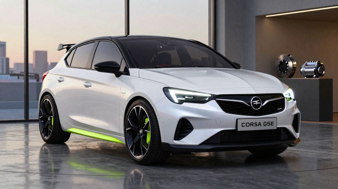 Carro branco Opel Corsa GSE estacionado em espaço interior moderno com jantes negras e detalhes verdes.