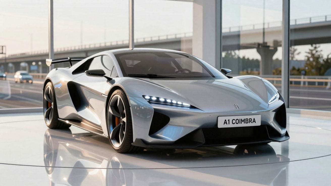 Carro desportivo cinzento prateado estacionado num espaço moderno com chão brilhante e janela grande.