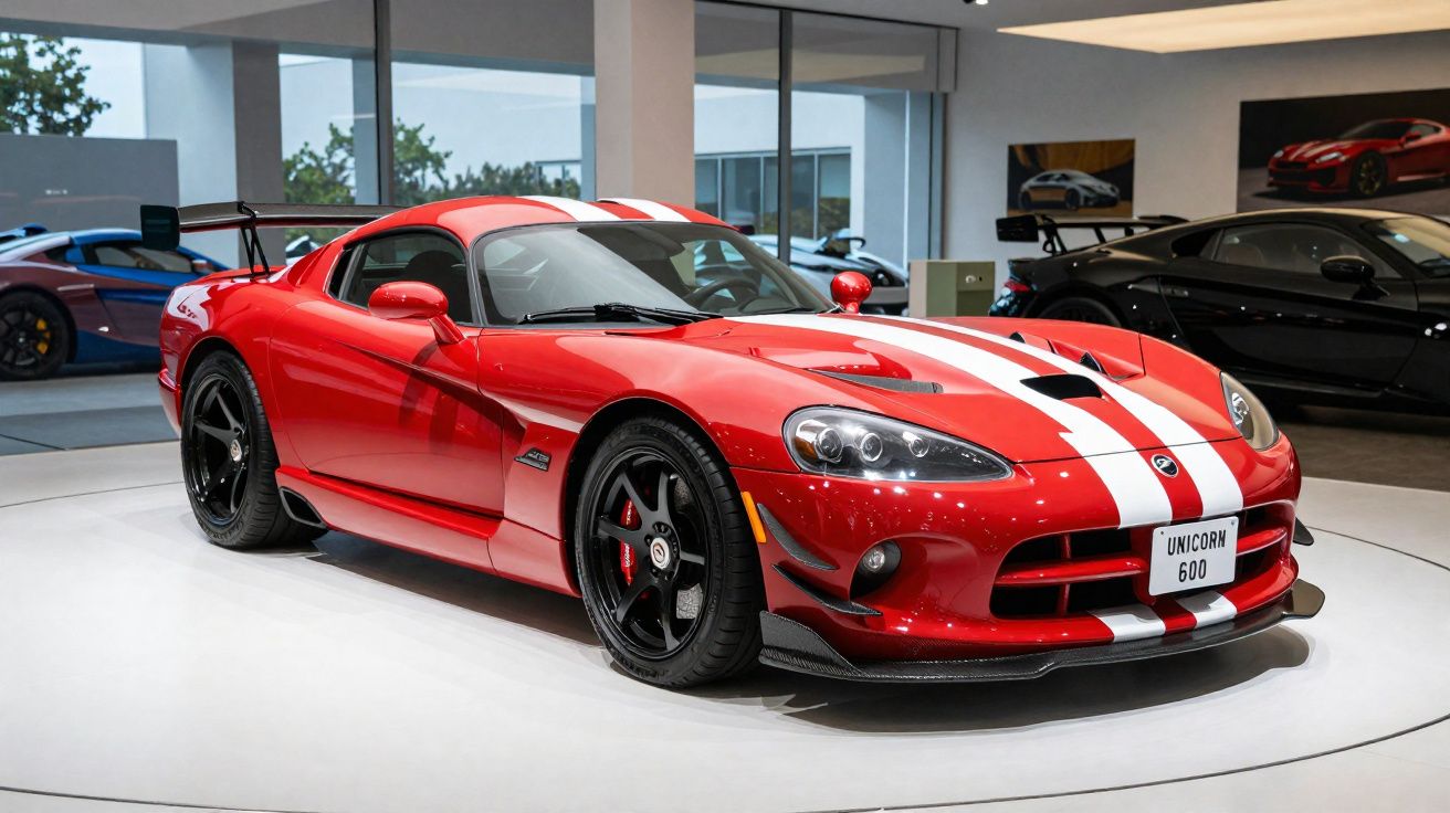 Carro desportivo vermelho com faixas brancas exposto num showroom moderno.