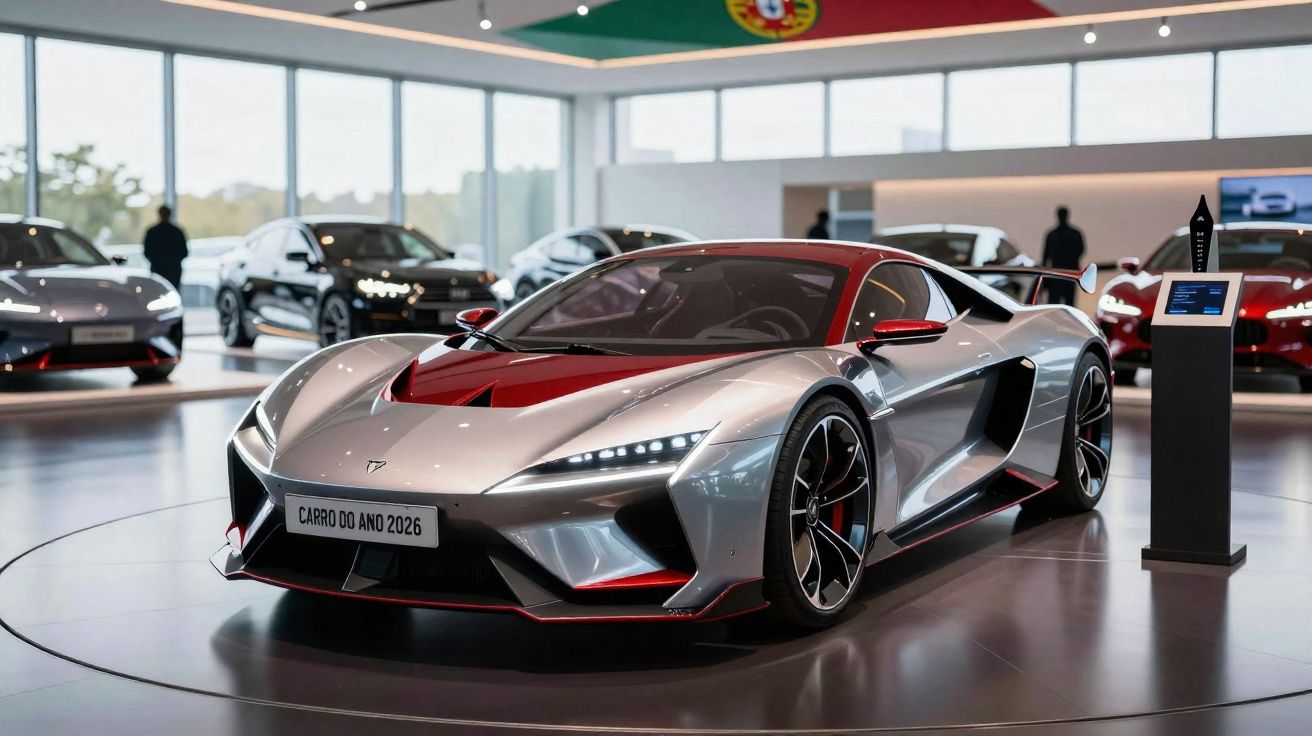 Carro desportivo futurista prateado com detalhes vermelhos, exposto em salão iluminado com outros automóveis.