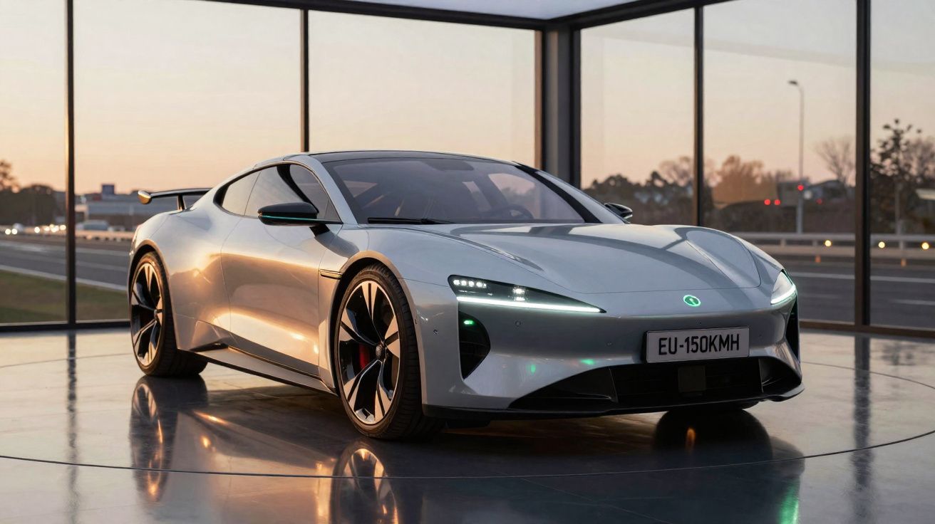 Carro desportivo elétrico prateado estacionado em piso polido dentro de estrutura de vidro ao pôr do sol.