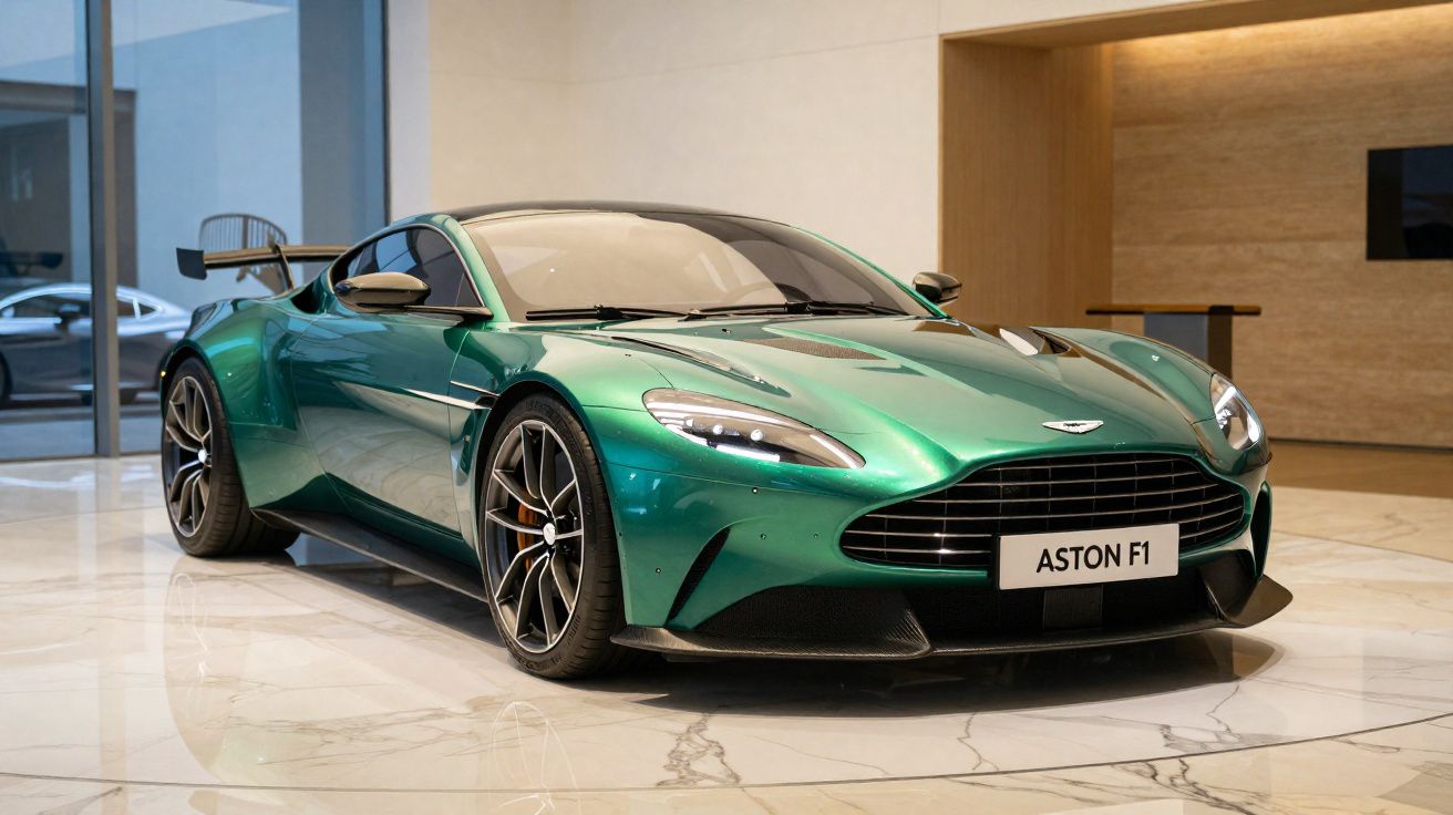 Carro desportivo Aston Martin verde metálico estacionado em chão de mármore num showroom elegante.