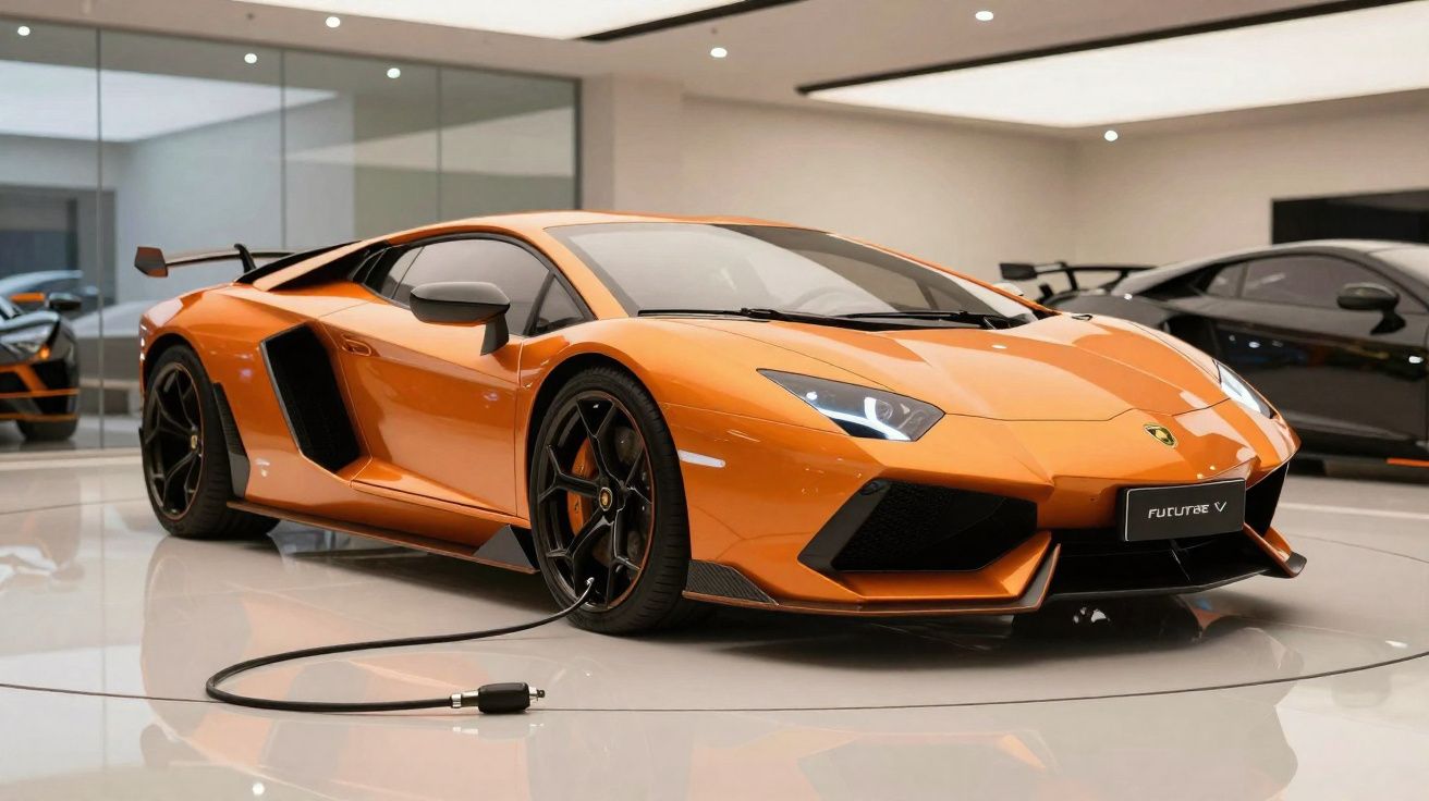 Carro desportivo elétrico laranja a carregar numa exposição moderna com outros carros ao fundo.